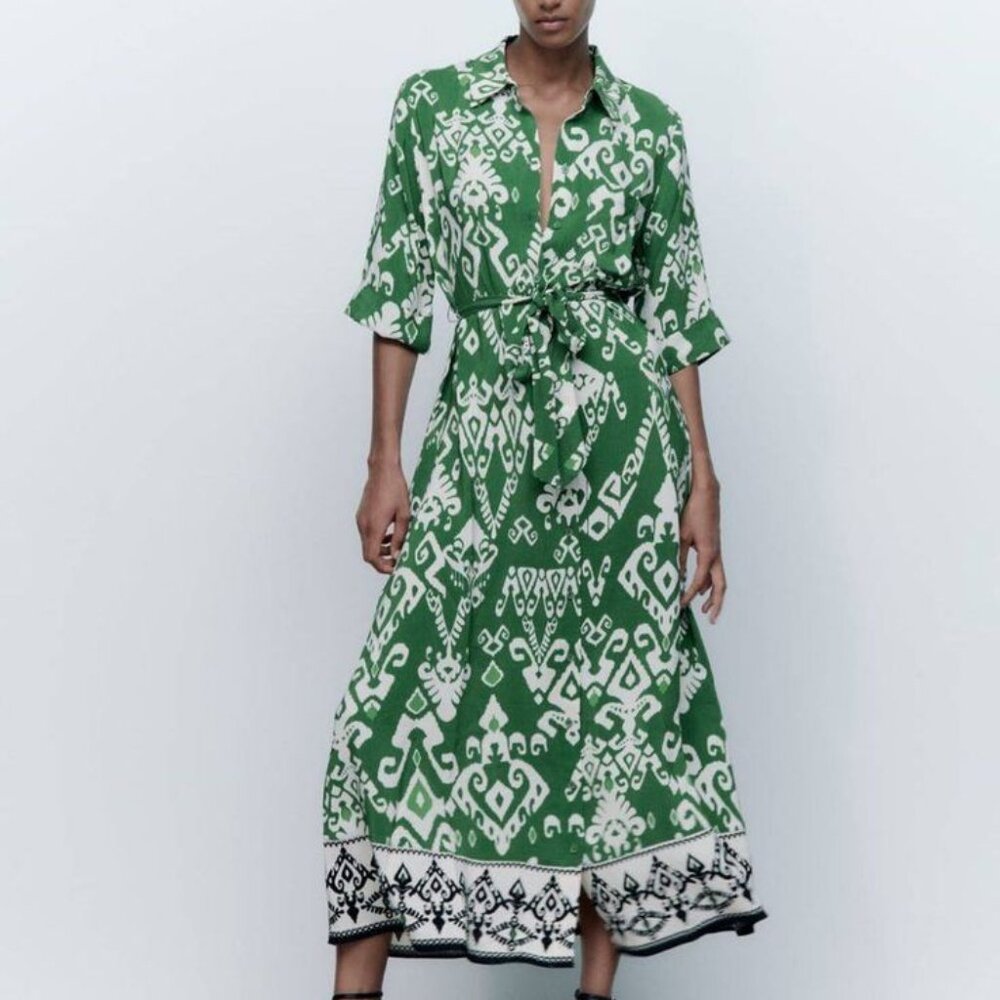 Zara Green and White Midi Shirt Dress with Tie - Sz XL